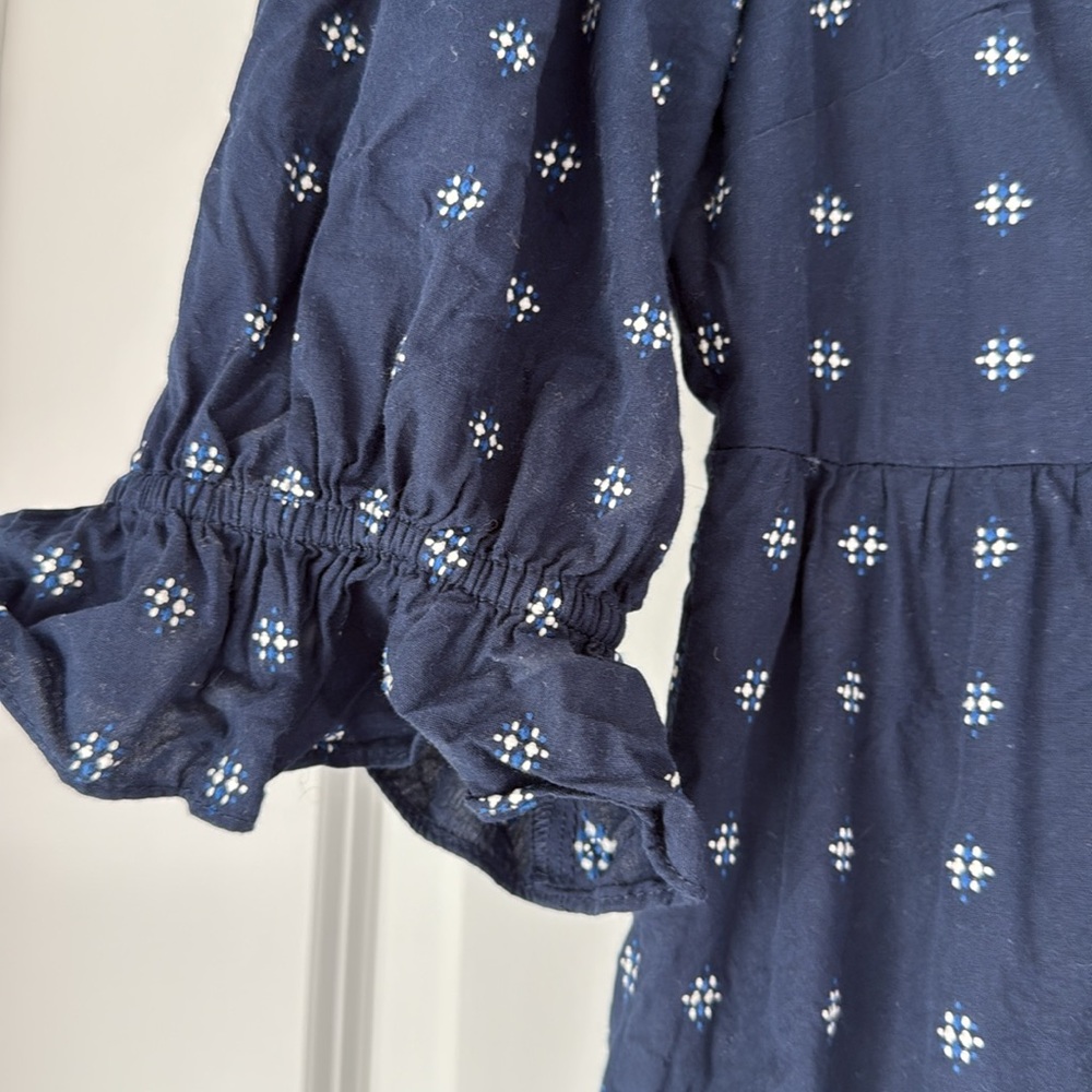Madewell Dark Blue Dress with White Stitched Pattern | Summer Preppy Coastal - Picture 3 of 5